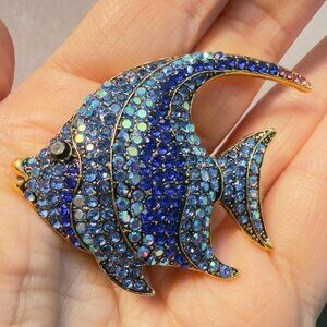 Fish Brooch Pendant Blue Rhinestone Glass Convertible Statement Pin – 2” Wide